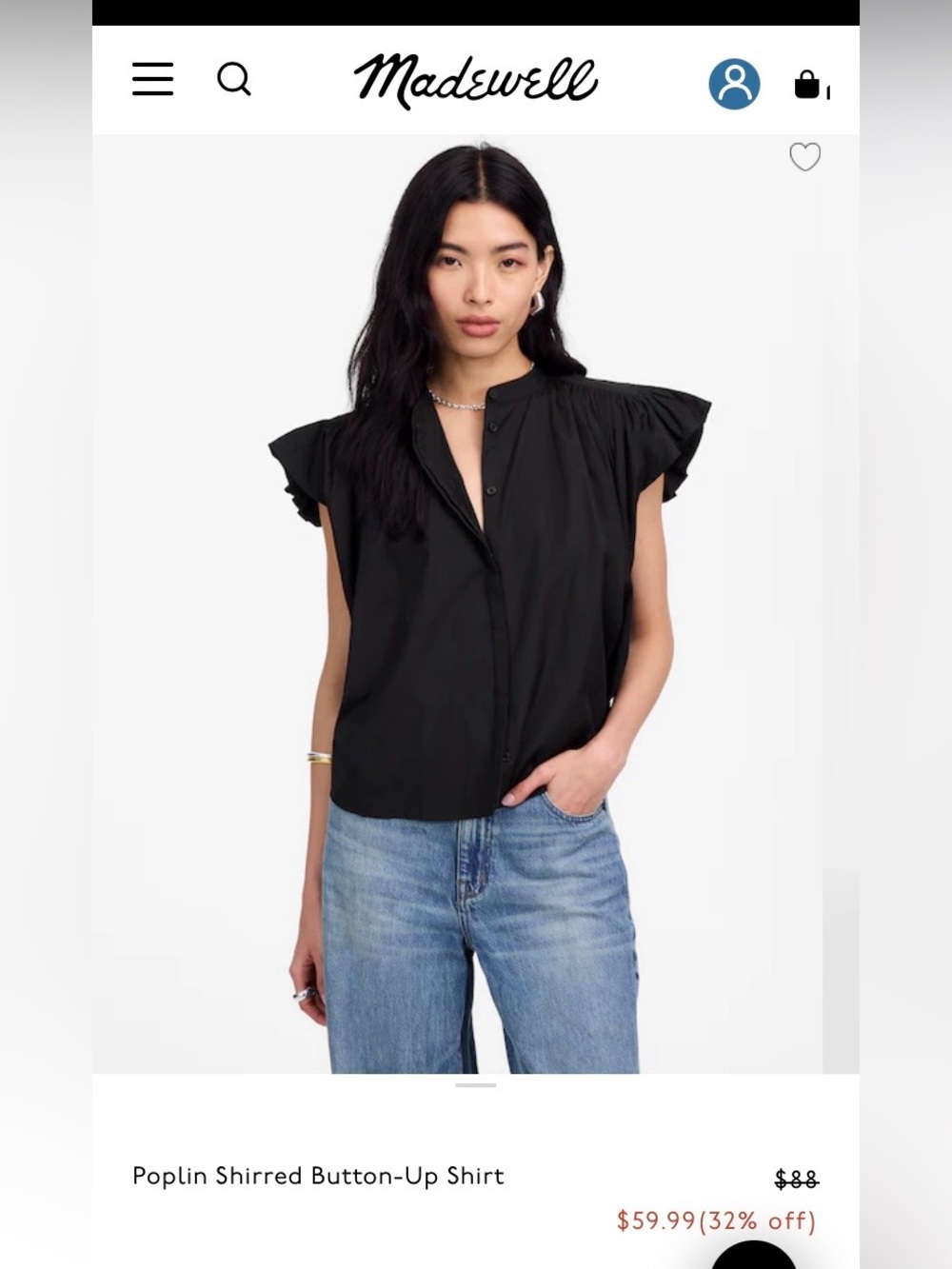 Madewell Poplin Shirred Button-Up Shirt in Jet Black